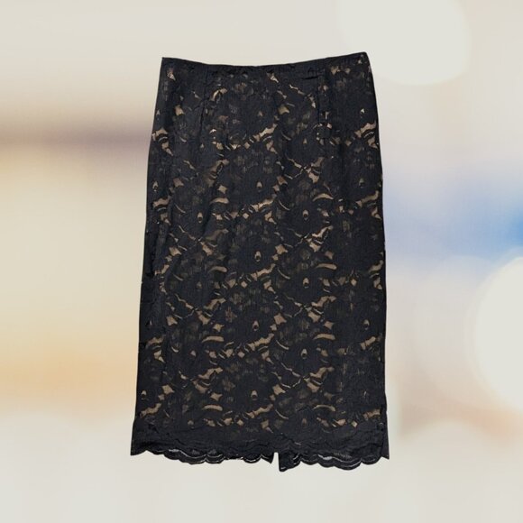 Y2k New York & Company Black Floral Lace Layered Tan Satin Lined Back Slit Skirt - Picture 1 of 10